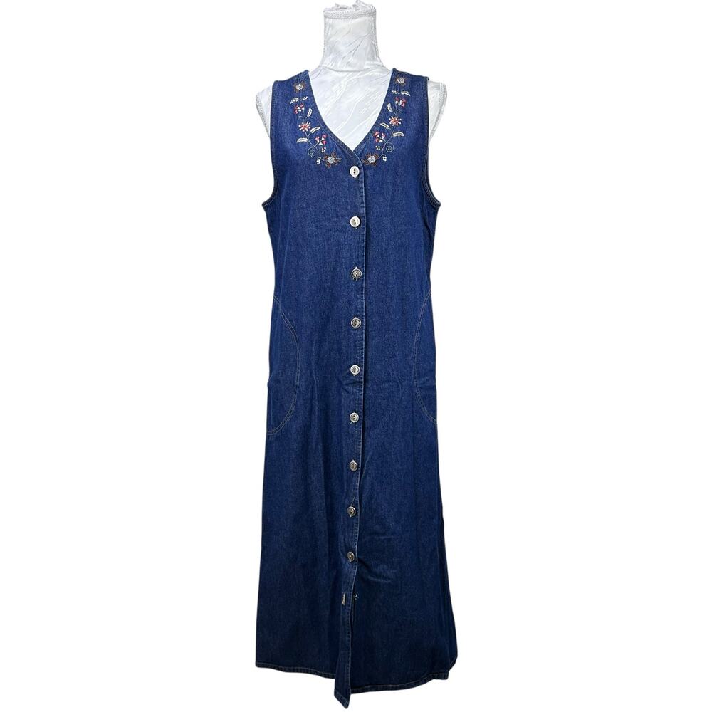 Vintage Blue Denim Embroidered Dress Womens Sz Small Y2K Garden Girl Artsy Folk